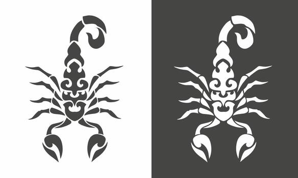 Creative illustration of a scorpion in tribal art style with sharp, bold lines and ornamental details. Displayed in both light and dark background variations vector