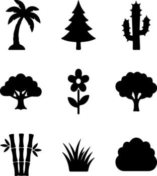 Collection of diverse nature elements in a distinctive silhouette style vector