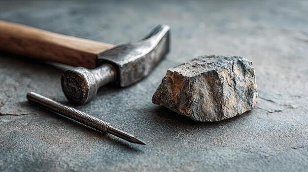 Hammer, Chisel, and Stone on Rustic Surface photo