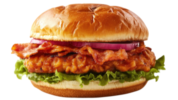 croustillant poulet sandwich avec bacon, laitue, et oignon sur une grillé chignon isolé sur transparent Contexte png