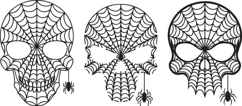 Spooky skull with a spiderweb design and dangling spider. vector