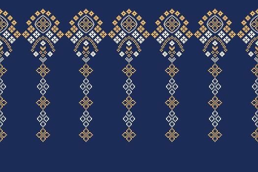 Design of motifs of cross stitch with blue color background ethnic fabric pattern texture. vector