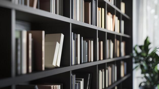 libros arreglado cuidadosamente en un pulcro estante para libros escaparate un mezcla de texturas y colores en un refinado hogar ambiente iluminado por natural ligero foto