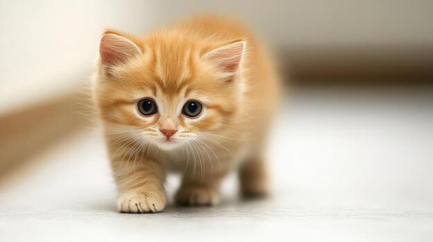 linda naranja gatito con sorprendentes azul ojos navegando un limpio, bien iluminado habitación mientras mostrando juguetón curiosidad y encanto foto
