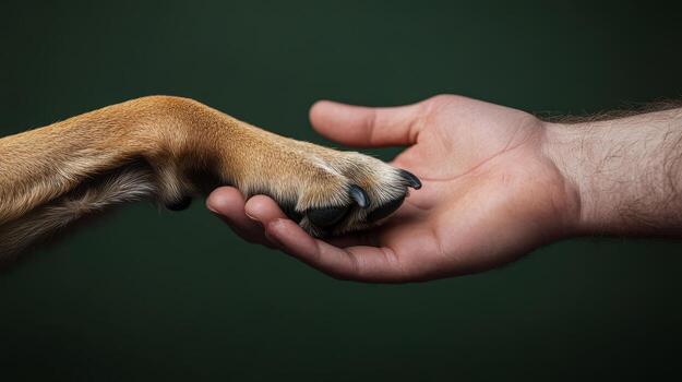 un perro descansa sus pata en un del hombre palmera, exhibiendo un sentido enlace y mutuo comprensión, conjunto en contra un neutral fondo foto