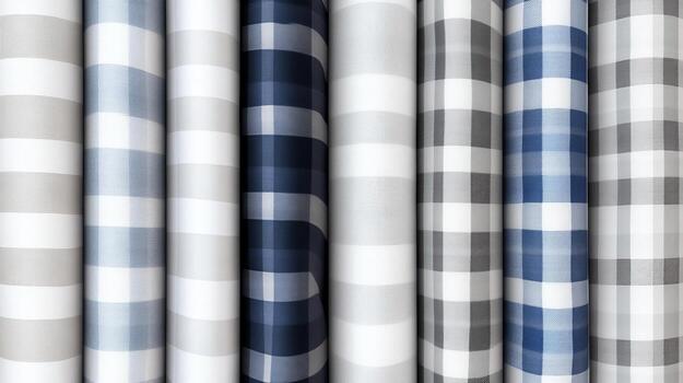 Textiles display an array of checkered designs in blue, gray, and white, suitable for crafting and home decor during daytime or evening events photo
