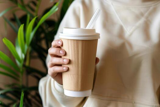 A woman holds a plain brown cup with a straw, set against a backdrop of green indoor plants, creating a relaxed atmosphere photo