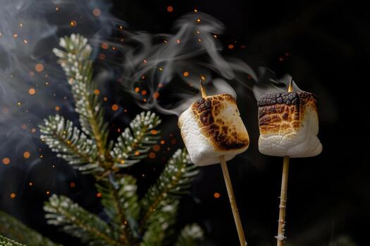 dos Malvaviscos son interrogatorio intenso terminado un abierto fuego, rodeado por chispas y fumar, con un pino árbol en el antecedentes durante un acogedor noche foto