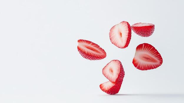 Fresh strawberry slices hover mid-air, showcasing their bright red color and inviting texture against a plain background photo