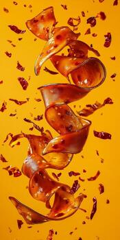 Wide noodles coated in chili oil are arranged in a dynamic spiral against a bright backdrop, showcasing their vivid color and texture photo