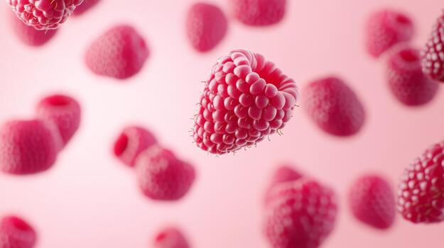Multiple raspberry pink fruits appear to float mid-air, highlighting their rich color and textured surface in an eye-catching arrangement photo