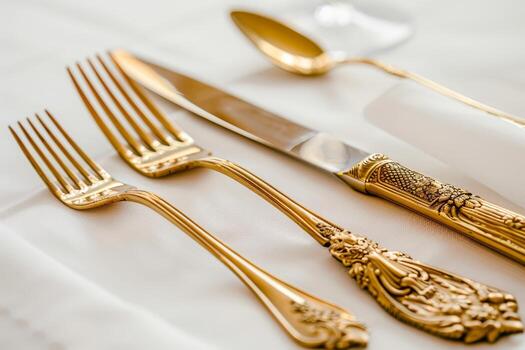 Stunning gold flatware set includes forks, knife, and spoon arranged neatly against a white backdrop, enhancing elegant table settings photo