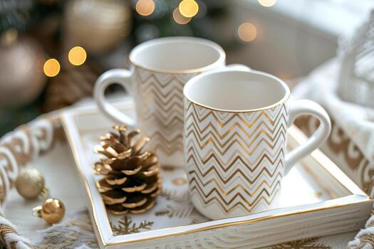 Two white mugs featuring a gold chevron pattern sit on a tray, surrounded by festive decorations while a soft glow enhances the warmth photo