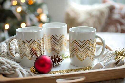 Three white mugs featuring a stylish gold chevron pattern are arranged on a decorative tray, creating a warm holiday atmosphere photo