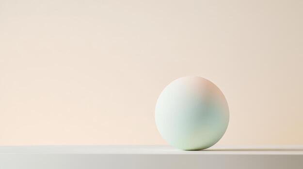 A singular smooth sphere displays a delicate gradient resting calmly on a white surface, set against a minimalistic soft backdrop photo