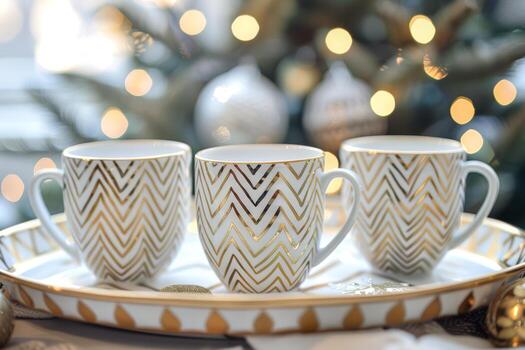 Three gold chevron mugs with white patterns are arranged on a tray, enhancing the festive atmosphere with twinkling lights and decorations photo