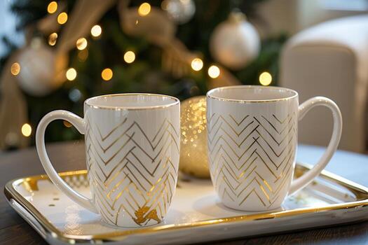 Two stylish white mugs featuring a gold chevron pattern rest on a tray, creating a warm atmosphere in a festive room decorated for the holiday season photo
