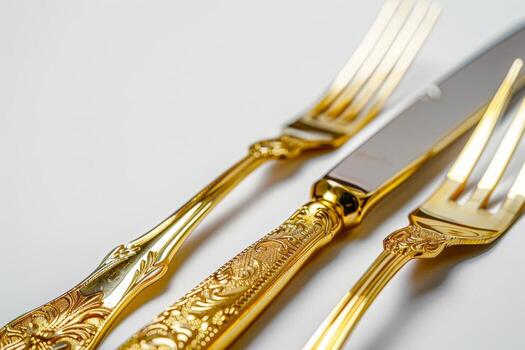 Beautiful gold flatware set including forks and a knife arranged on a clean white background, perfect for formal dining photo