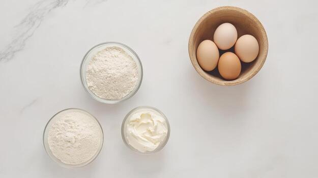 Raw ingredients for scones are neatly arranged on a countertop, featuring flour, cream, and fresh eggs waiting for baking photo