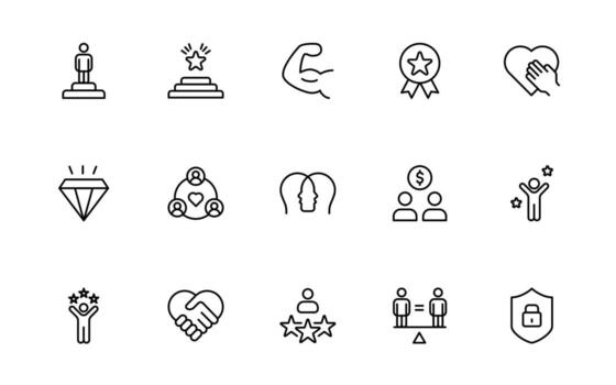 Core Values line icons set. Core, values, leadership, goals, target, client, quality, success, responsibility and quality. vector