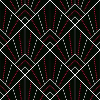 Seamless geometric pattern from white lines and red dots on black background. decorative square diagonal ornament. Strict monochrome design. Mosaic tile background for design project. vector