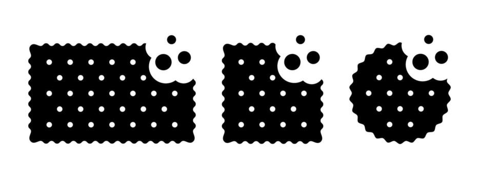 Set of bitten cracker icons with crumbs. Sweet or salty biscuit cookies in round, square and rectangle shapes. Popular crunchy snacks isolated on white background. graphic illustration vector