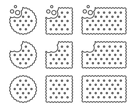 Set of whole and bitten cracker icons. Sweet or salty biscuit cookies in round, square and rectangle shapes. Crunchy snacks or chips isolated on white background. graphic illustration vector