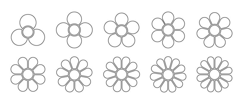 Set of flower diagrams with cores and petals. Pie charts divided on equal segments in leaf shapes isolated on white background. Floral templates for data presentation. outline illustration vector