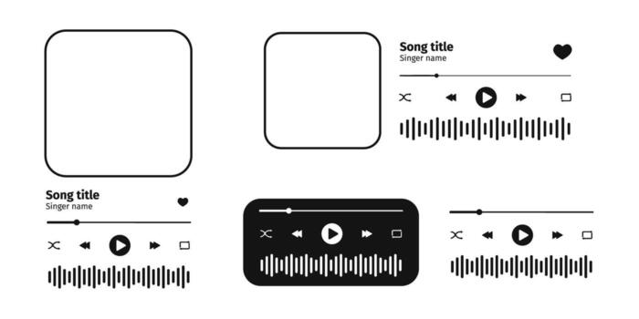MP3 player interface templates with album cover frame, buttons, progress loading bar and sound wave. Audiobook, podcast or online radio playback widgets. graphic illustration vector