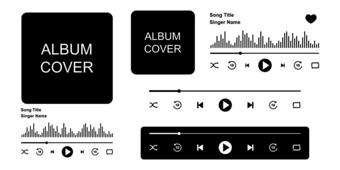 Music player screen with album cover window, buttons, progress loading bar and sound wave. Audioplayer or audiobook menu widget templates isolated on white background. graphic illustration vector