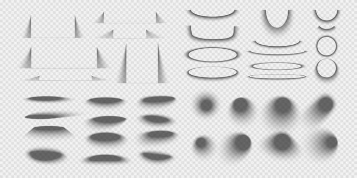 Set of rectangular, round and oval packing boxes, banners or cards shadow effects. Different realistic soft grey shapes. Shades realistic illustration vector