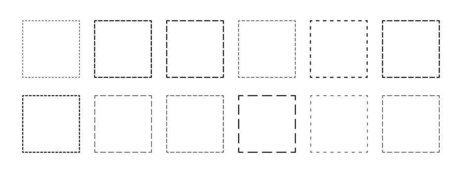 Set of geometric square shapes with dashed lines. Dotted figures isolated on white background. Simple cut here pictograms. outline illustration vector