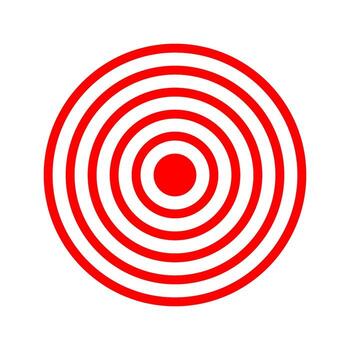 rojo concéntrico círculos dolor localización icono. dolorido o inflamación símbolo. cobertura o vibración signo. onda de choque, Radar o sonido señal pictograma aislado en blanco antecedentes. ilustración vector