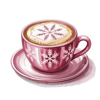 un' delicato rosa tazza di tè Caratteristiche intricato fiocco di neve disegni, complementare il schiumoso latte macchiato arte mirroring il fiocco di neve modello png