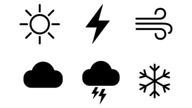 set of weather icons on white background. Contains sun, clouds, rain, wind, snow, lightning and thunderstorm. vector