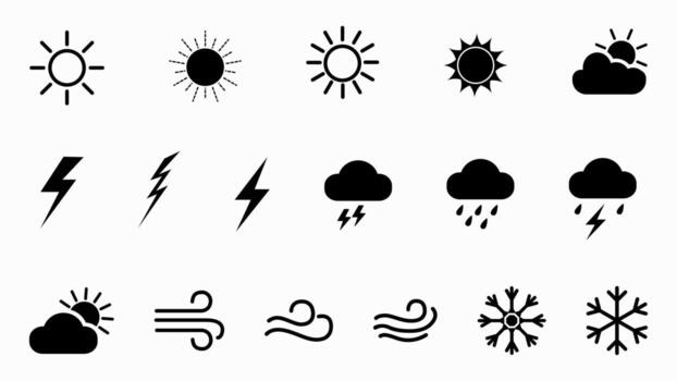 Simple set of weather icons on white background. Contains sun, clouds, rain, wind, snow, lightning and thunderstorm. vector