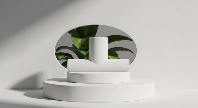 Minimalist White Product Display with Green Leaves photo