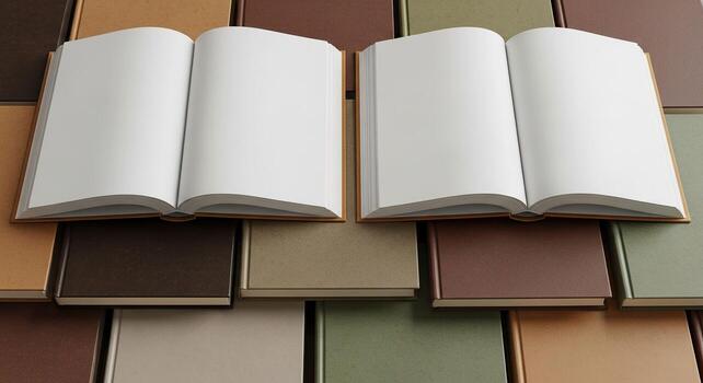 dos abierto blanco libros en apilar de cerrado libros, terroso tonos foto