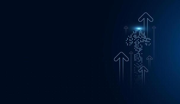 The Glowing blue arrows pointing upward, symbolizing growth, success, and innovation. A digital cluster of squares forms a rising path, emphasizing technology-driven progress vector