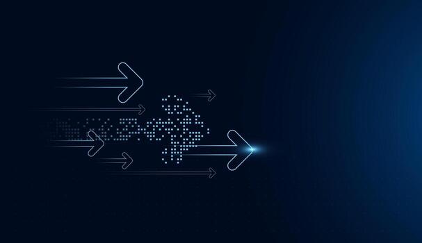 hacia arriba flechas con un digital píxel sendero dominar el imagen, destacando temas de transformación, logro, y global conectividad. el brillante diseño refleja Progreso vector