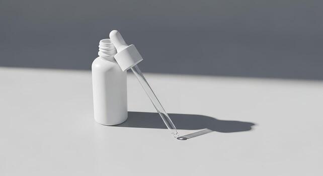 White Dropper Bottle and Pipette with Shadow on Grey Surface. photo
