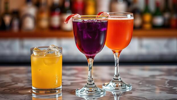 three different drinks sitting on a bar photo