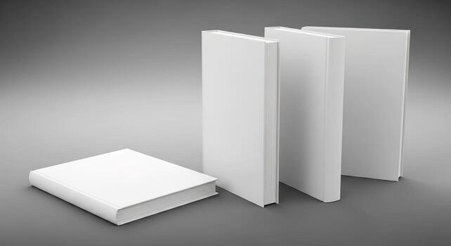 Blank White Books Mockup Three Vertical One Horizontal on Gray Background. photo