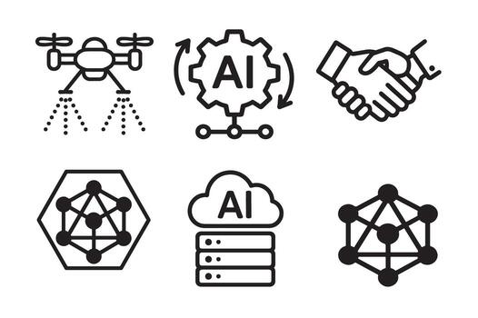 Six Striking Line Icons Illustrating AI Applications Drone Spraying, AI Integration, Partnership, Network, Cloud Computing, and Data Connectivity vector