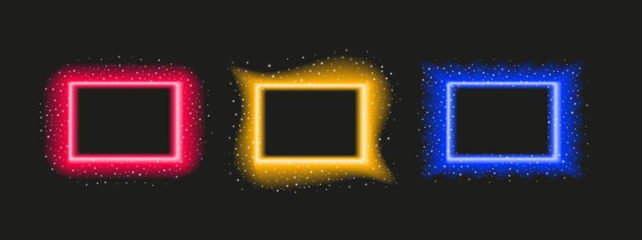 Glowing neon rectangular shapes with sparkles and blur. Empty background on dark theme. Perfect for Christmas or party templates. vector