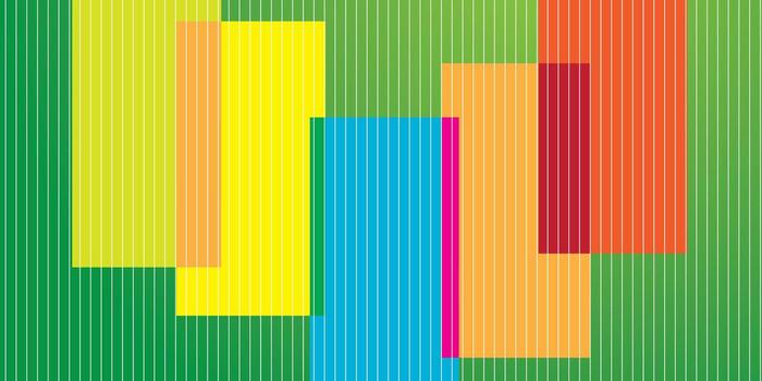 Brightly colored rectangular shapes overlapping on a green, vertically striped background. vector