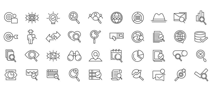 Search line icon set. Magnifying glass, seo, website, business, optimation, sign,loupe, revision, inspector, monitoring, analysis line icon collection vector