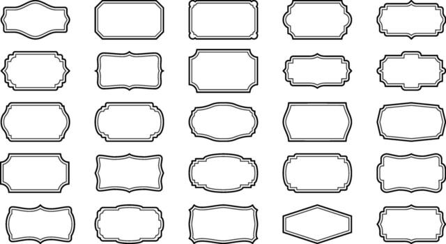Decorative label silhouettes set with vintage frame shapes, retro badge outlines, ornate geometric borders, shield crests, and empty tag designs. vector