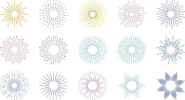 Line firecrackers set with colorful radial fireworks, starburst explosions, and sparkles. vector