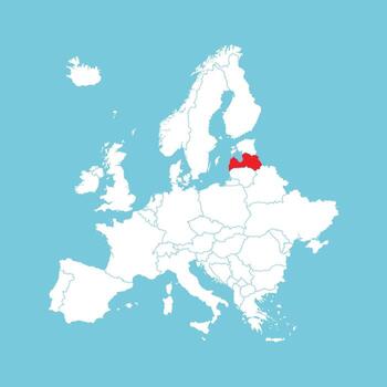 Europe map. Europe map with Latvia highlighted in red, isolated on blue background. vector